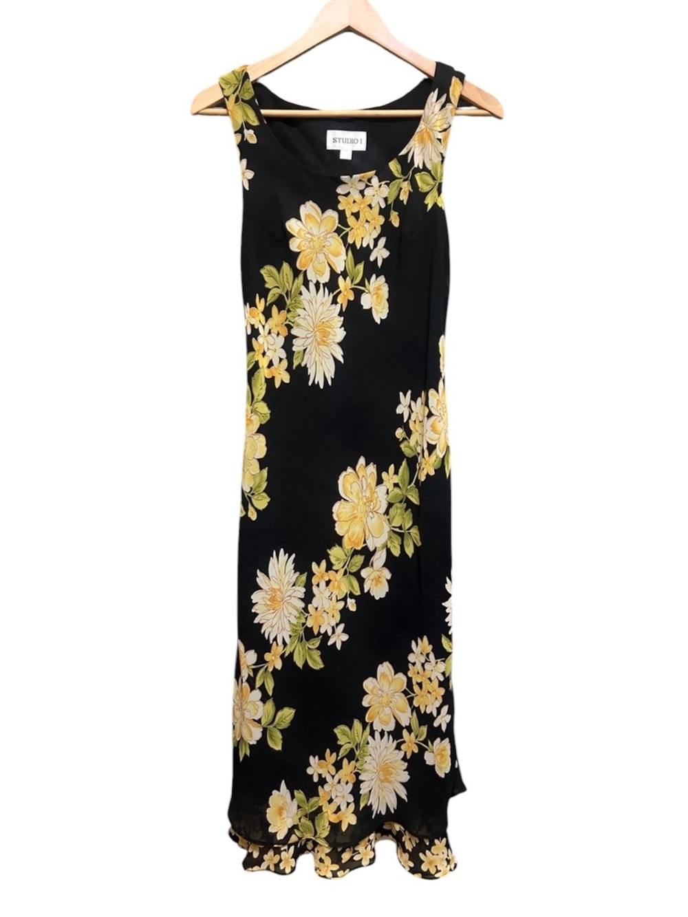 Vintage Y2K Studio I Black Yellow Floral Midi Asymmetrical Hem Dress Size 8